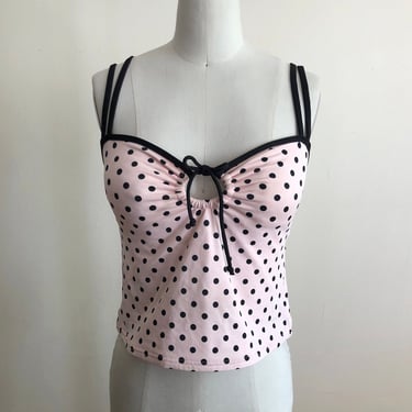 Light Pink and Black Polka Dot Top with Sweetheart Neckline - 1980s 