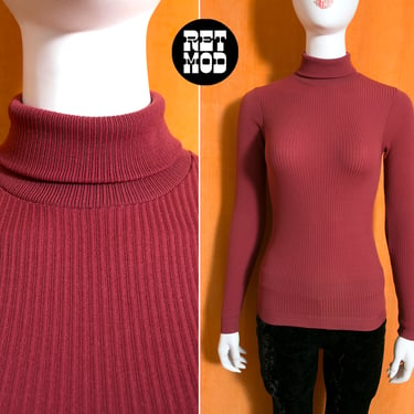 Perfect Basic Vintage 60s Dusty Pink-Red Ribbed Turtleneck Top 