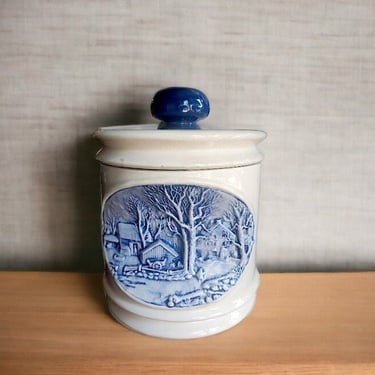 VINTAGE Hershey Mold 3D Winter Scene Cookie Jar Canister Snowy wonderland Hershey Mold 3D Winter Scene cookie jar centerpiece blue and white 