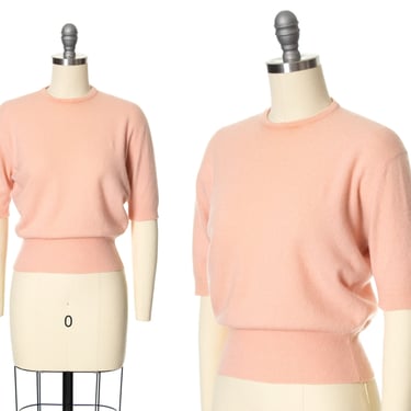 Vintage 1950s Sweater Top | 50s DALTON Cashmere Knit Light Pink Short Sleeve Pullover Blouse (x-small/small/medium) 