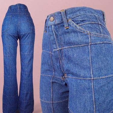 Window pane vintage jeans 1970s Sears Jeans Joint patchwork denim kick flares mens/unisex (32 x 34) 