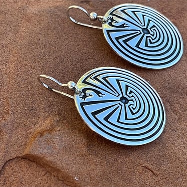 Vintage Kabana Sterling Silver Southwestern Round Kokopelli in a Maze Hook Earrings 