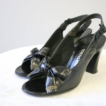 1940s Herbert Levine "Pinafore" Black Leather Studded Peep Toe Heels, Size 7.5N 