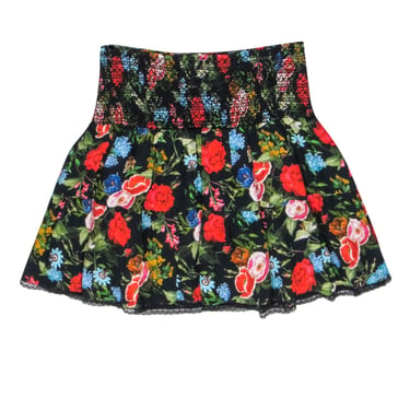 Alice & Olivia - Black Mutlicolor Floral Print "Buffy Smocked Miniskirt" Sz M