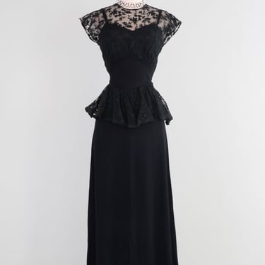 Elegant 1940's Black Embroidered Lace Evening Gown With Peplum / Medium