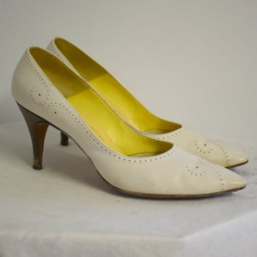 1950s Palizzio White Leather Stilettos in Original Box, Size 7 1/2 AAA 