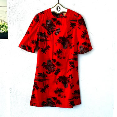 Vintage 60s Hawaiian Tiki Bar Dress Bell Sleeve 1960s Red Hawaii Muumuu 