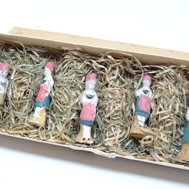 5 Antique Miniature German Hand Painted Composite Girl or Woman  in Original Box, Vintage Toy  for Putz or Nativity,  US Zone Germany 