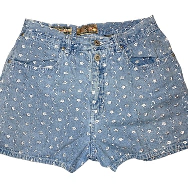 80s Rare EXP Light Denim Shorts High Waisted Embroidered Floral Print // 28