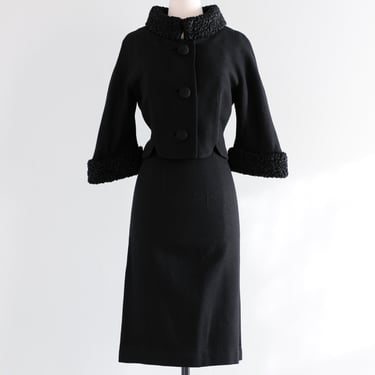 Elegant Early 1960's Lilli Ann Dress Suit with Persian Lamb Collar &amp; Cuffs / Sz M