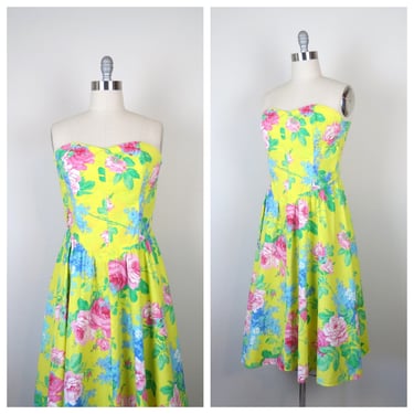 Vintage 1980s cotton floral strapless dress cottage corset cabbage roses bright floral yellow rose print 