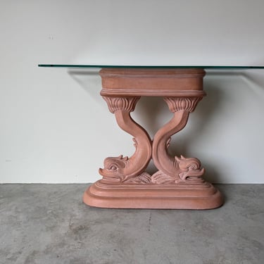 Hollywood Regency Palm Beach-Style Console Table with Carved Dolphin Base and Glass Top 