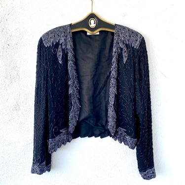 Vintage 80s Metallic Beaded Open Concept Shirt 1980s Glam Black Silver Cardigan Top 