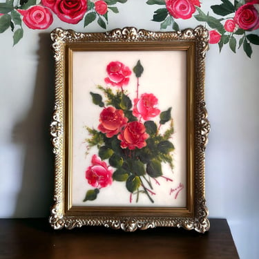 Vintage Hand Painted Gold Frame Artwork Floral Painting From Spain Mid Century 