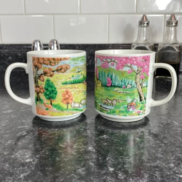 Vintage Farmhouse Barnyard Countryside Scene Mugs | Japan Set of 2 Mugs | Barn Horses Sheep Pink Tree's Orange Tree 8oz Coffee Mugs 