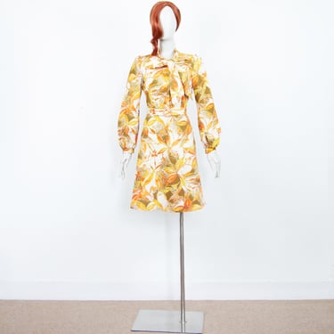 Vintage 70s White Yellow Orange Floral Midi Dress Bow Collar Long Puffed Sleeves With Belt Size S UK 10 