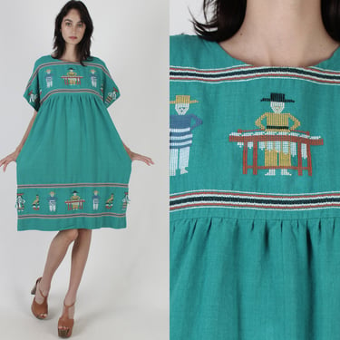 Guatemalan People Heavyweight Dress / Vintage Traditional Mayan Village Muscian /  Woven Embroidered Ethnic Mini Dress 