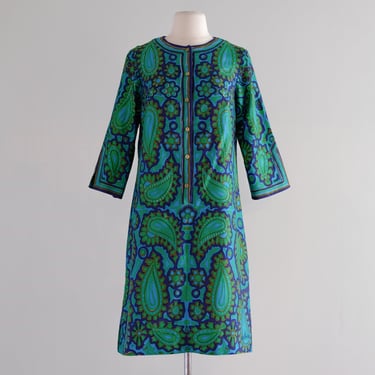Fabulous 1960's VERA Bold Paisley Art Print Cotton Shift Dress / Sz M
