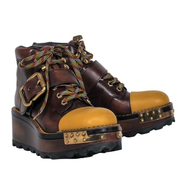 Prada - Brown Leather w/ Mustard Toe Cap Platform Boots Sz 9