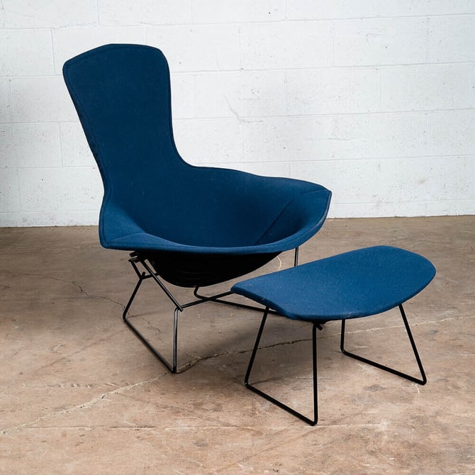 Mid Century Modern Lounge Chair Harry Bertoia Knoll Bird Ottoman Blue Black Base
