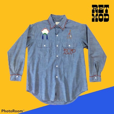 Vintage 70s Blue Chambray Men's Shirt with Native American Embroidery 