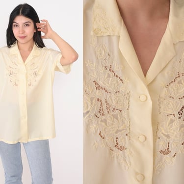 Silk Cutout Blouse 90s Floral Embroidered Top Cream Short Sleeve Button up Shirt Bali Cutwork Cut Out Bohemian Hippie Vintage 1990s Large L 