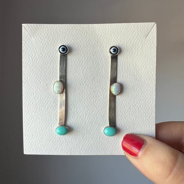 Sterling Silver Herringbone Dangle Studs with Turquoise Opals and Evil Eye Dangling Swinging Stud Chain Earrings 