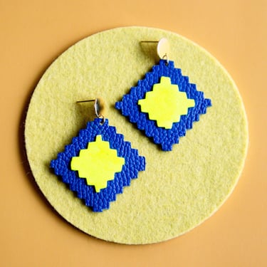 Ravioli Earrings in Blue + Neon Yellow - Geometric Upcycled Leather Square Earrings 