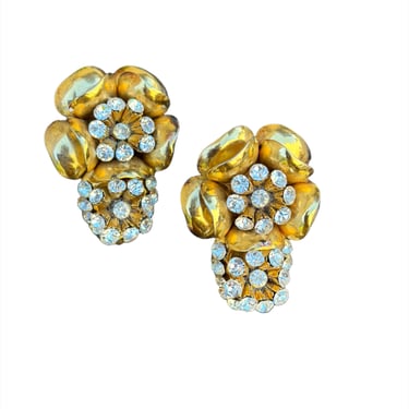Vintage Floral Rhinestone Clip On Earrings
