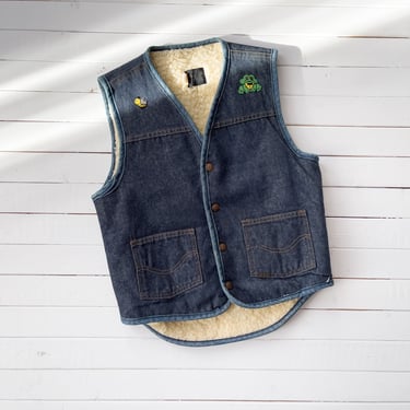 denim patchwork vest | 70s vintage blue jean faux shearling cute frog bee patches boho hippie vest 