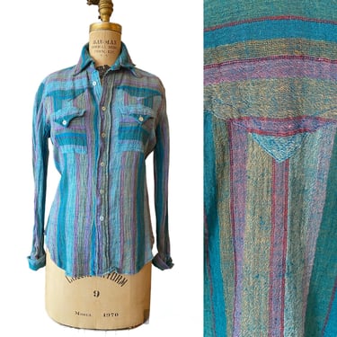 1970s striped blouse, india imports, vintage 70s shirt, adini, button up, cotton gauze, turquoise and purple 