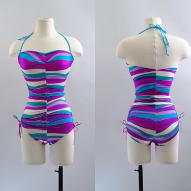 80s Cole of California Swimsuit – Purple Turquoise Striped One Piece – Ruched Sides – Removable Straps – Size 10 – Made in USA 