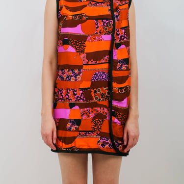 1960s Mod Orange Pink and Black Wrap Mini Dress