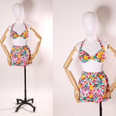 Deadstock 1980s Floral Red, Pink, Green and Yellow Floral Lily Bikini Top with Matching High Waisted Shorts Swimsuit Playsuit by Crystal Bay 