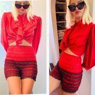 80s Lipstick Red Secretary Blouse Puff Sleeve Dainty Top black stripes S M 