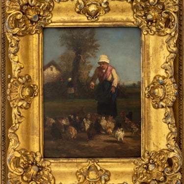 Dutch School Feeding the Chickens Oil on Board