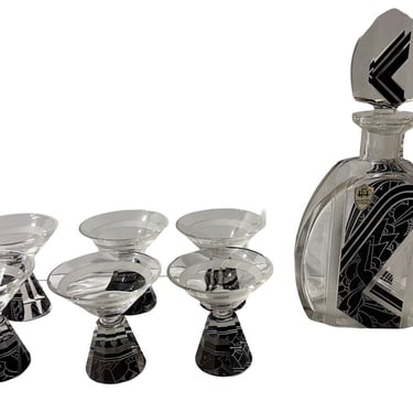 Decanter and Glasses by Karl Palda with Black Modernist Pattern