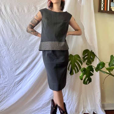 1960s Rhinestone Dress / Knit Pencil Skirt and Shell Shirt Set / Sydney North Cocktail Dress / Secretary Suit / Sixties Workwear 