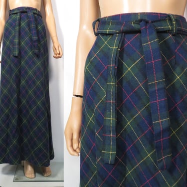 Vintage 70s Tartan Plaid Wool Maxi Skirt With Tie Belt Size XXS 24 Waist 