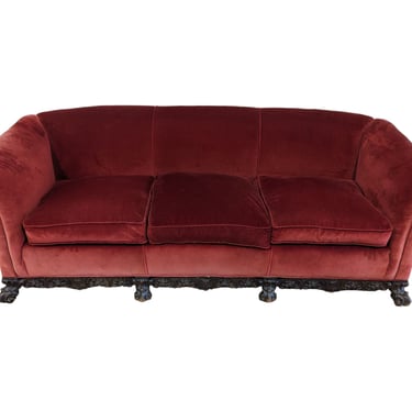 Red Velvet Couch With Wood Trim