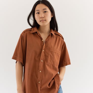 Vintage Overdye Terra Cotta Orange Short sleeve Shirt | Epaulettes Simple Blouse | Cotton Work Shirt | L | 