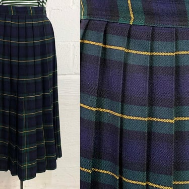 Vintage Pleated Plaid Skirt Autumn Fall Back to School Midi Blue Green Yellow Mod 1960s 1950s Small 