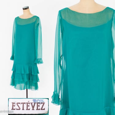 1970s Turquoise Blue Chiffon Evening Dress | 70s Turquoise Maxi Dress | Estevez | Large 