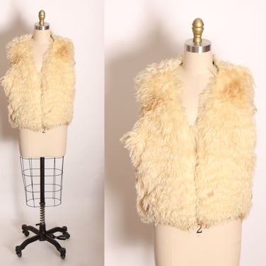 1970s Cream and Tan Mongolian Lamb Fur Sleeveless Tapestry Side Vest -XL 