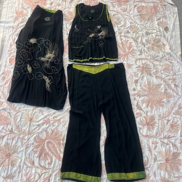 Vintage 1930s Black & Yellow Beach Pajamas Robe Top & Pants Embroidered Dragons