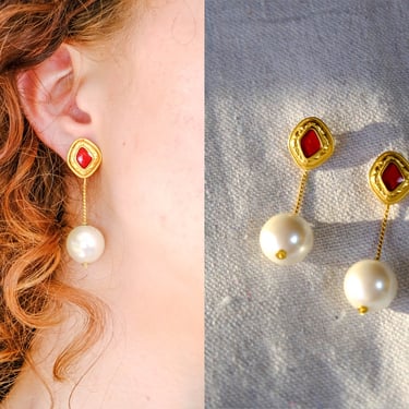 Vintage 80s Anne Klein Gold & Red Glass Enamel Earrings w/ Pearl Chain Drop | Statement Piece, Pierced Earrings | 1980s Designer Jewelry 