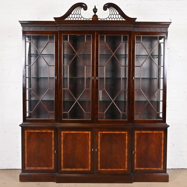 Stickley Georgian Flame Mahogany Lighted Breakfront Bookcase Cabinet