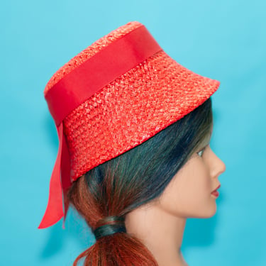 Vintage 1960s Red Straw Bucket Hat 