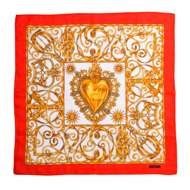Moschino Vintage 'In Love We Trust' Hearts Money Peace Print Cotton Small Scarf
