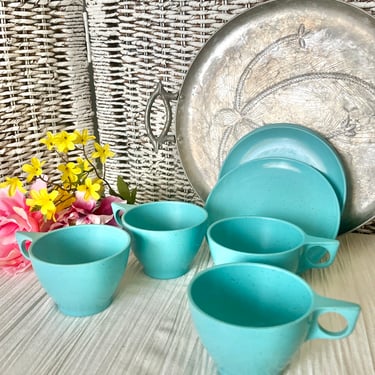 Vintage 60s Coffee Cups, Saucers, Set 4, Debonair Melmac, Small Plates, Mugs, Mid Century Modern 
